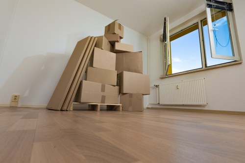 Packed boxes and furniture prepared for a Marylebone home move