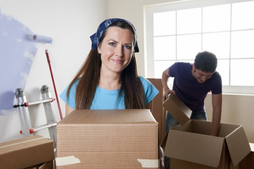 Marylebone office relocation with boxes, desks, and moving equipment