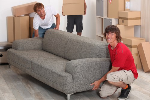 Office furniture and boxes arranged for a professional relocation