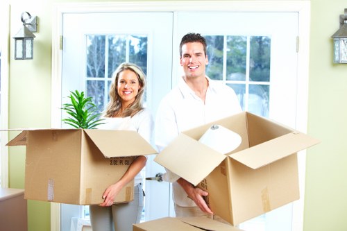 Packed business equipment ready for a central London commercial move